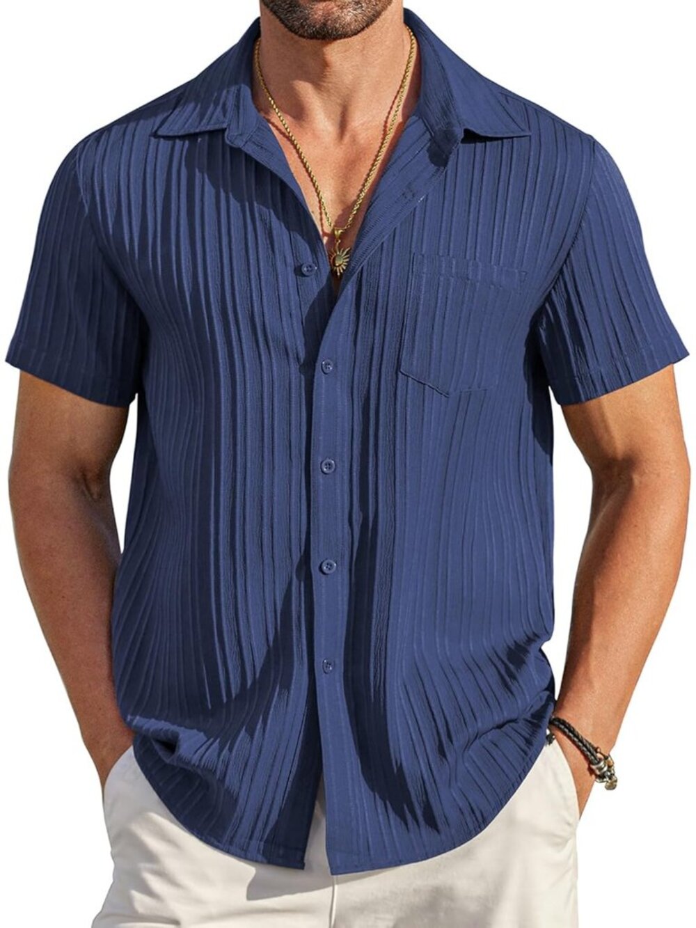 Men's Navy Blue Short Sleeve Textured Summer Collared Casual Button Down Shirts